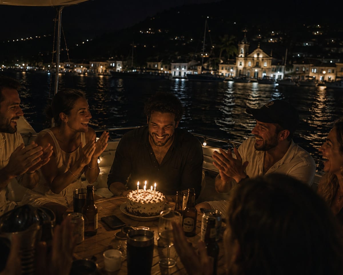 Grupo cantando parabéns na popa de um veleiro à noite, com bolo de velas acesas e a cidade iluminada atrás
