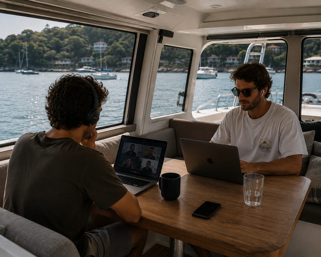 Duas pessoas trabalhando em notebooks na cabine de um barco ancorado