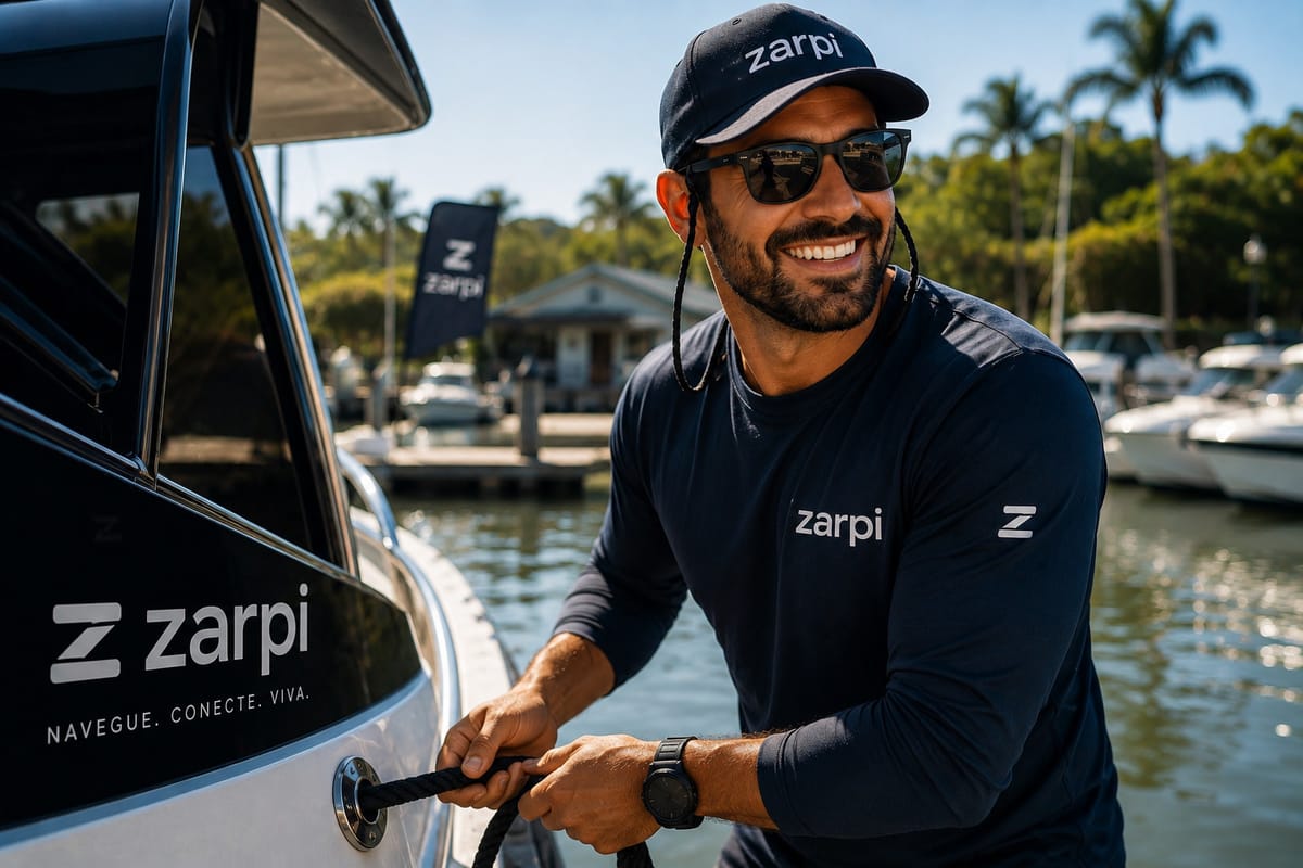 Marinheiro de camisa e boné da Zarpi amarrando o cabo de uma lancha na marina