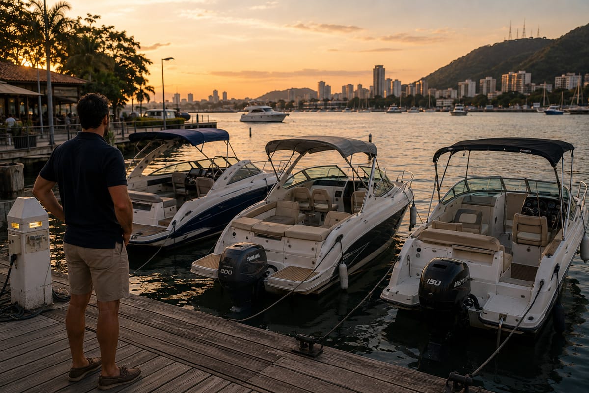 Três lanchas atracadas no píer de uma marina no fim da tarde, com quem opera a frota olhando para elas