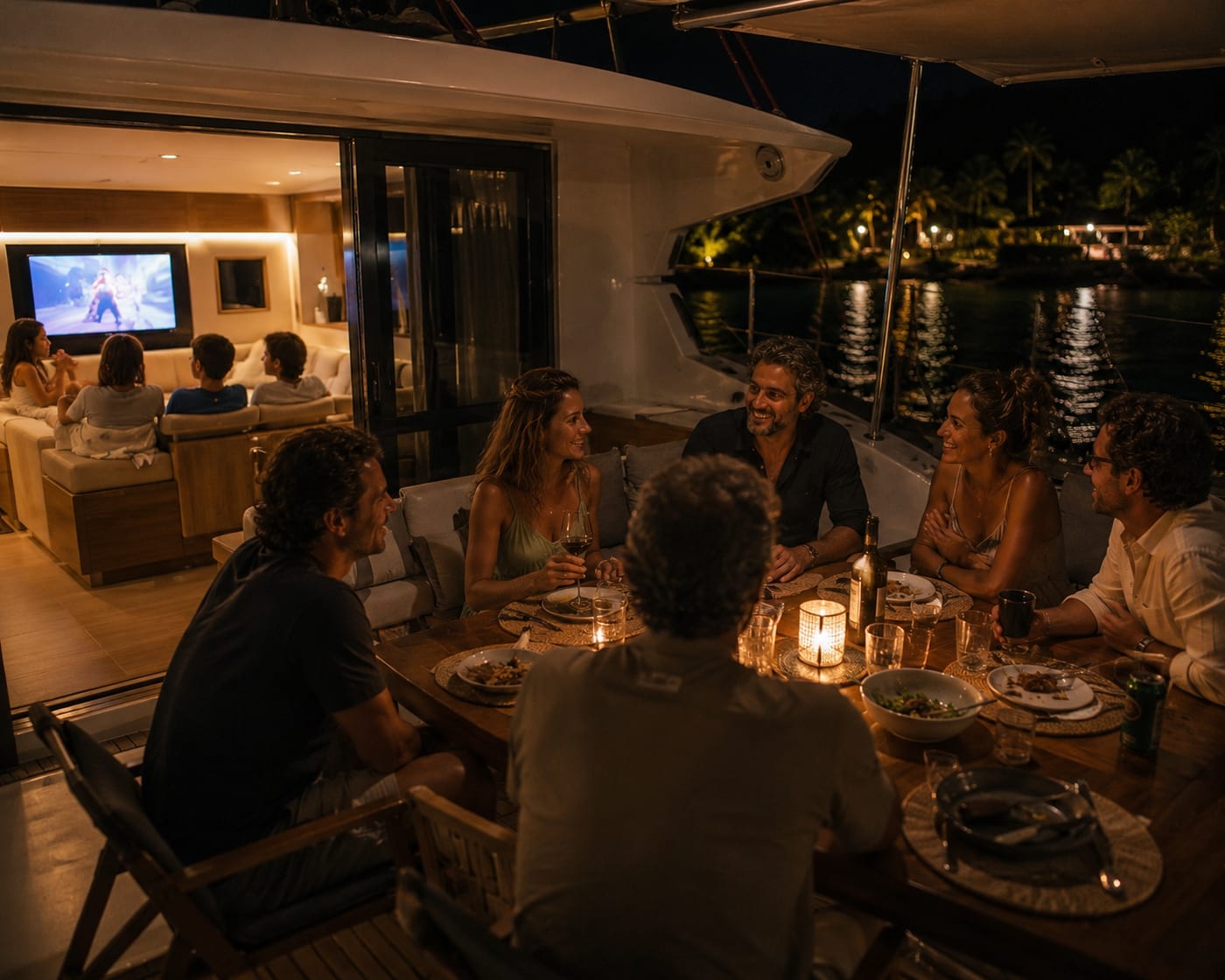 Mesa de jantar posta na popa de um iate à noite, com as crianças assistindo a um filme na cabine