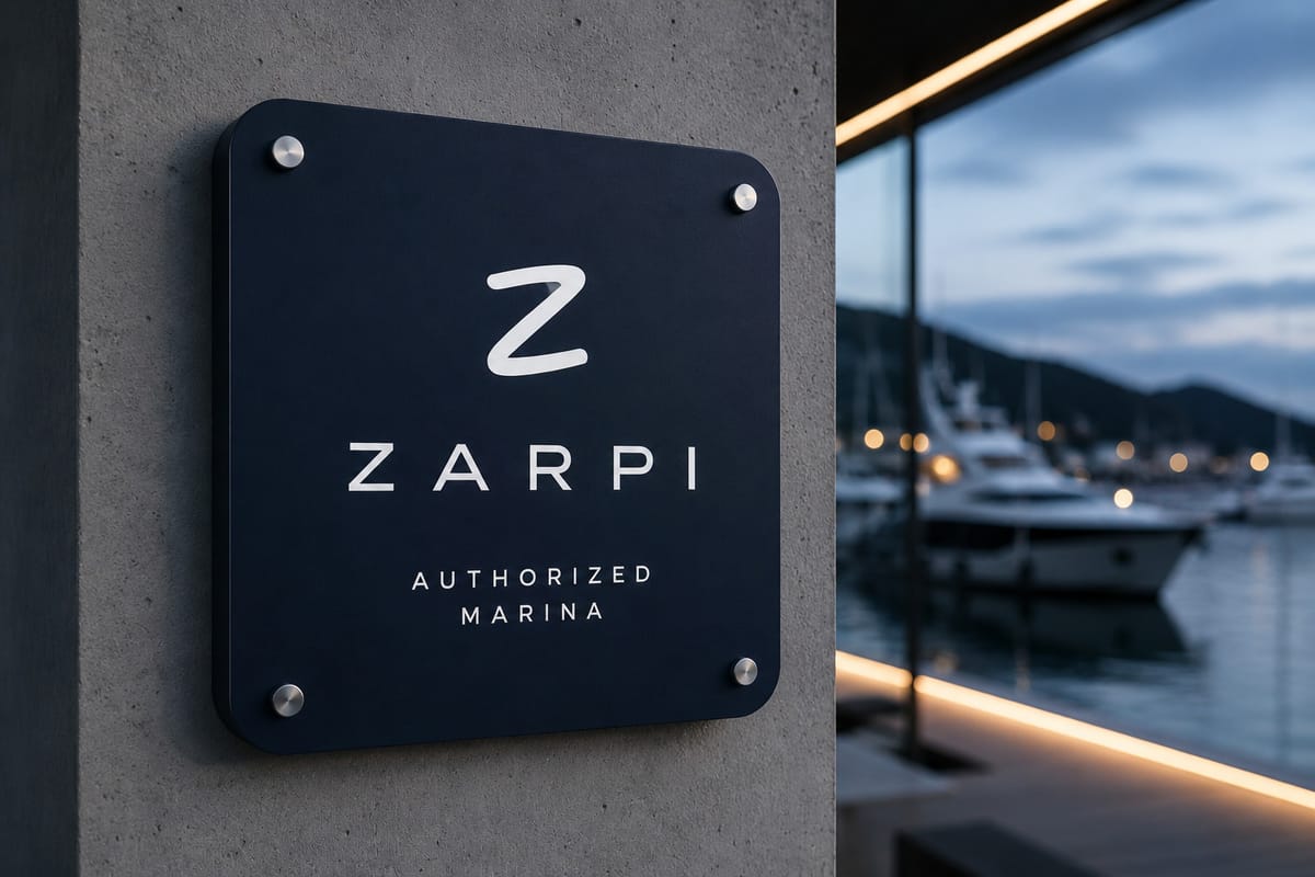 Placa de marina autorizada Zarpi na parede da recepção, com os barcos atracados ao fundo