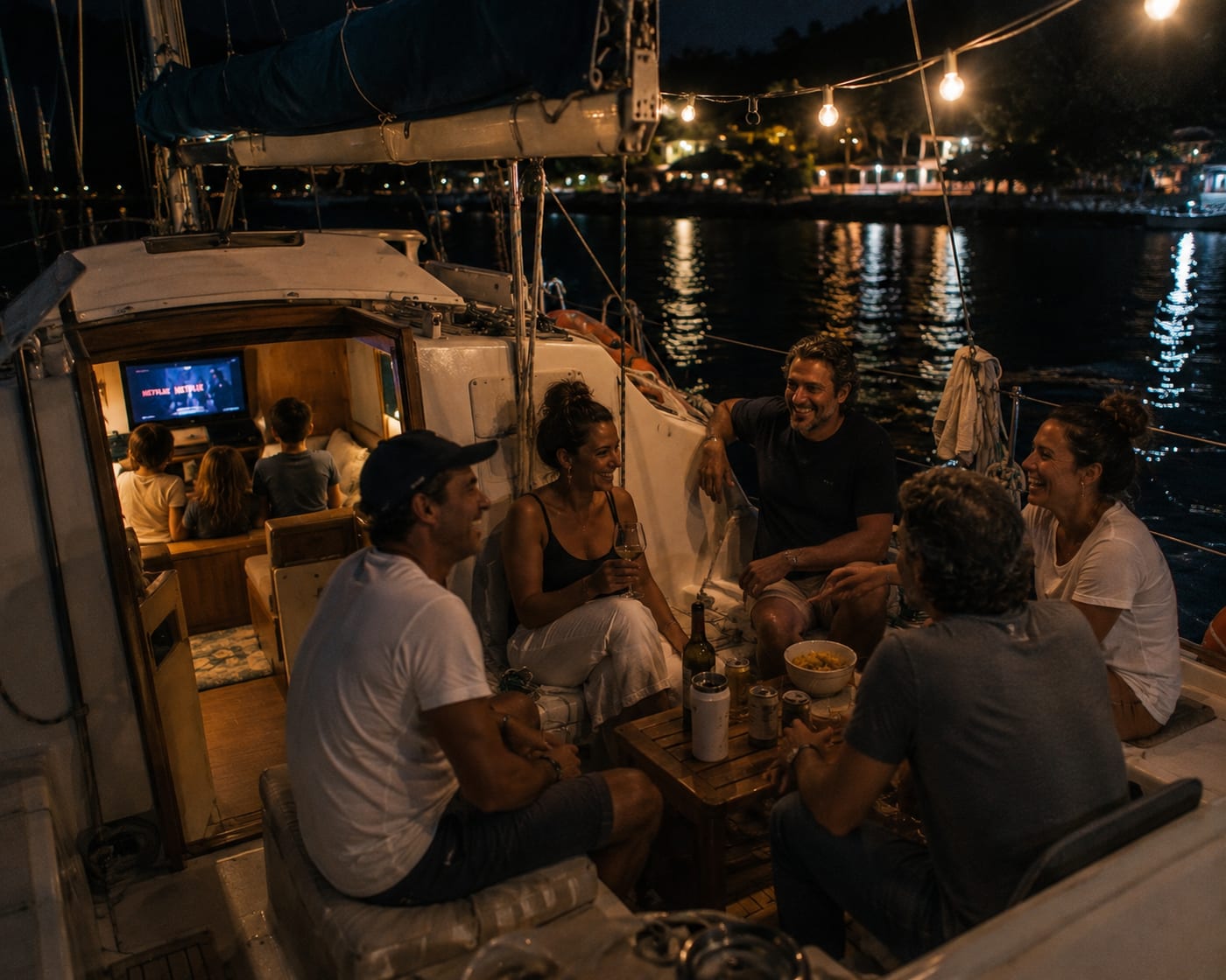 Veleiro atracado à noite, com varal de luzes e um grupo conversando na popa