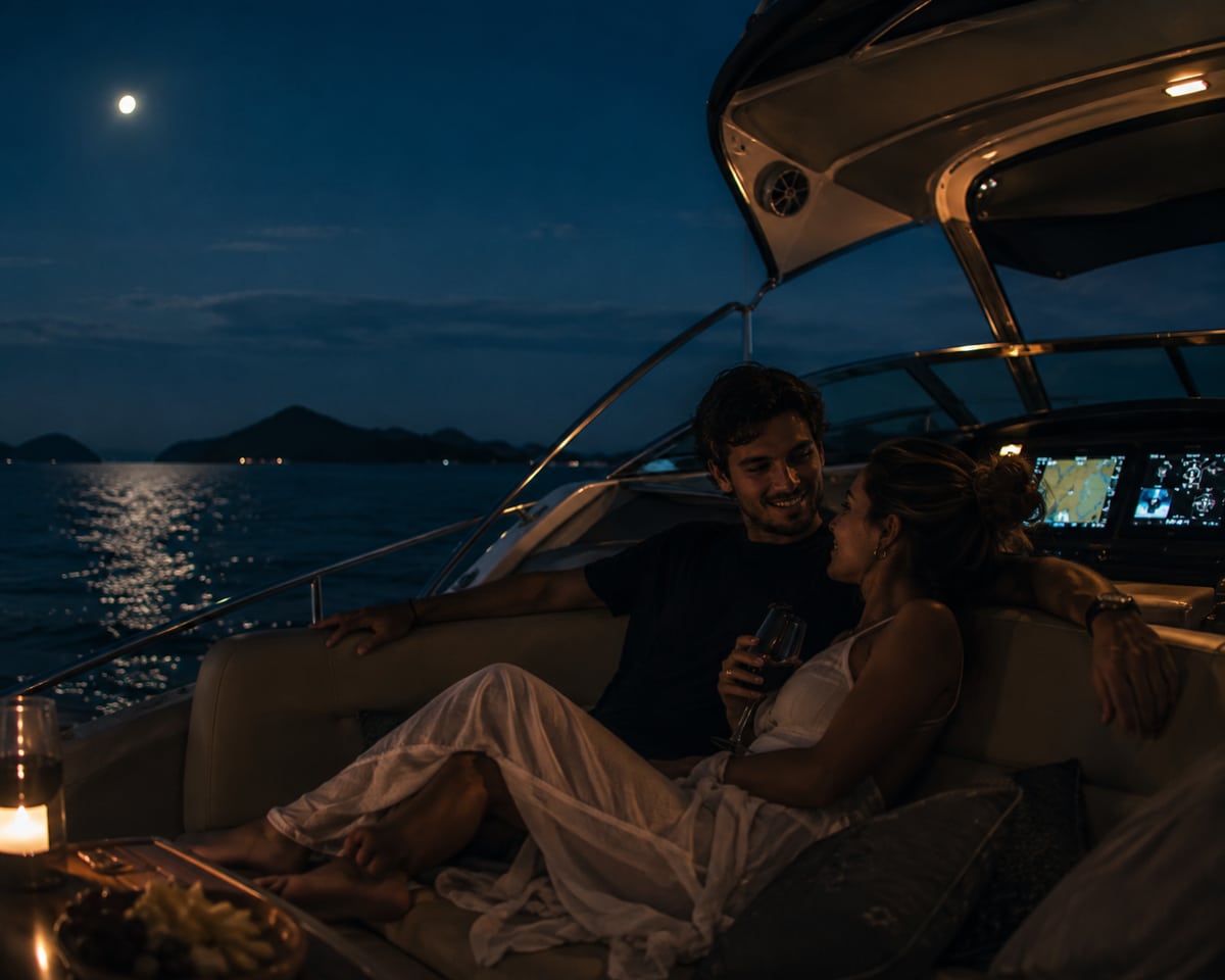 Casal deitado na popa de uma lancha à noite, com a lua refletida na água