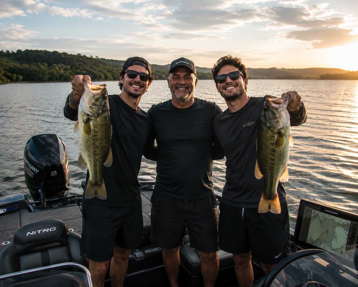 Três pessoas num barco de pesca no fim da tarde, com os peixes que pegaram
